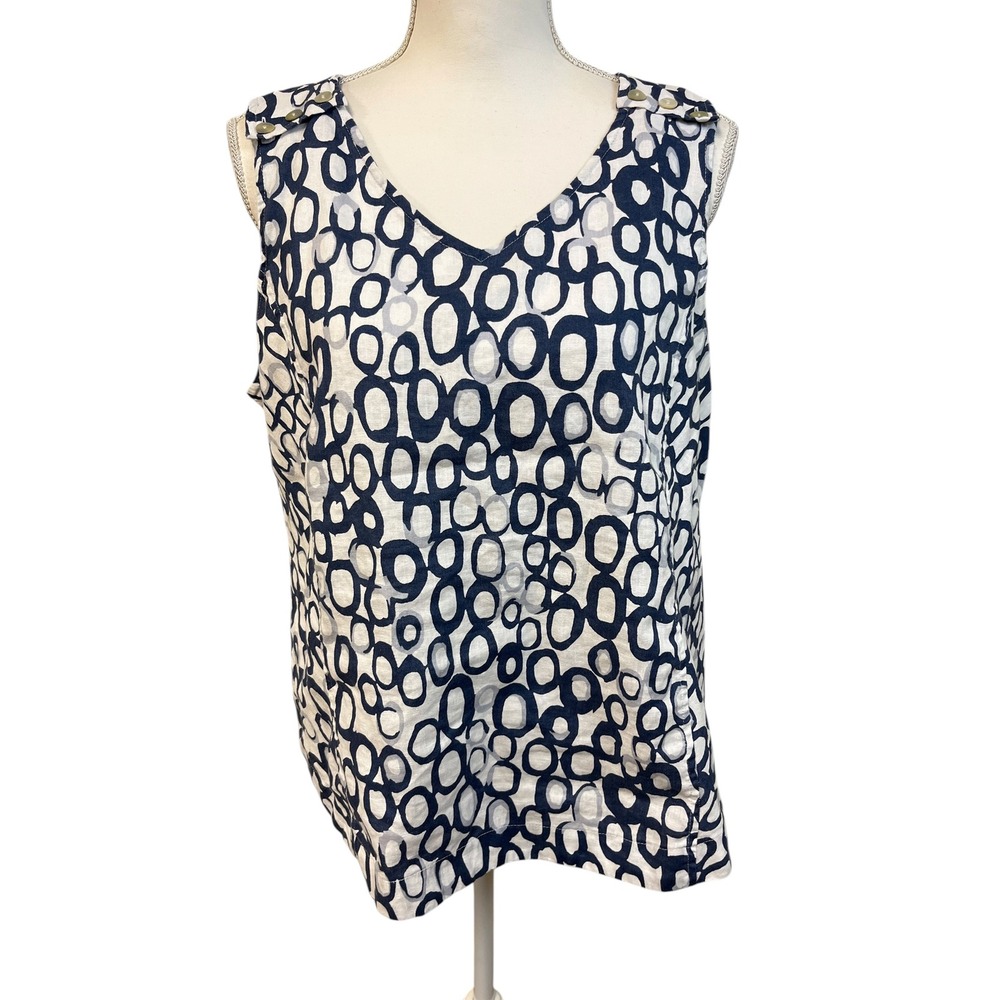 HABITAT Linen Cotton Tank Top Sz L Blue White Print Lagenlook Coastal - Picture 13 of 13